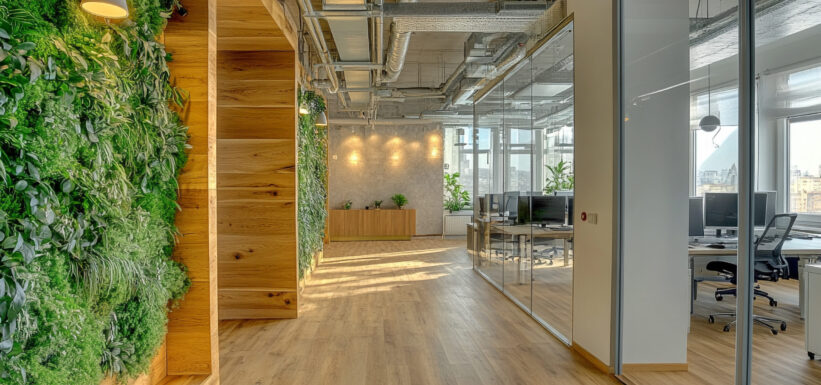 design-interieur-de-bureau-moderne-avec-des-murs-en-bois-et-un-jardin-vert-vertical Comment optimiser l'espace de vos locaux industriels avec des cloisons ?